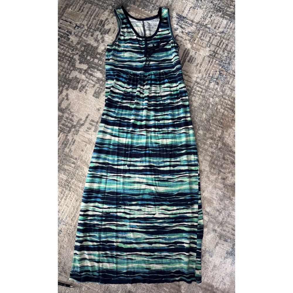 Eddie Bauer Womens Blue Green Striped Sleeveless Henley Maxi Dress Large